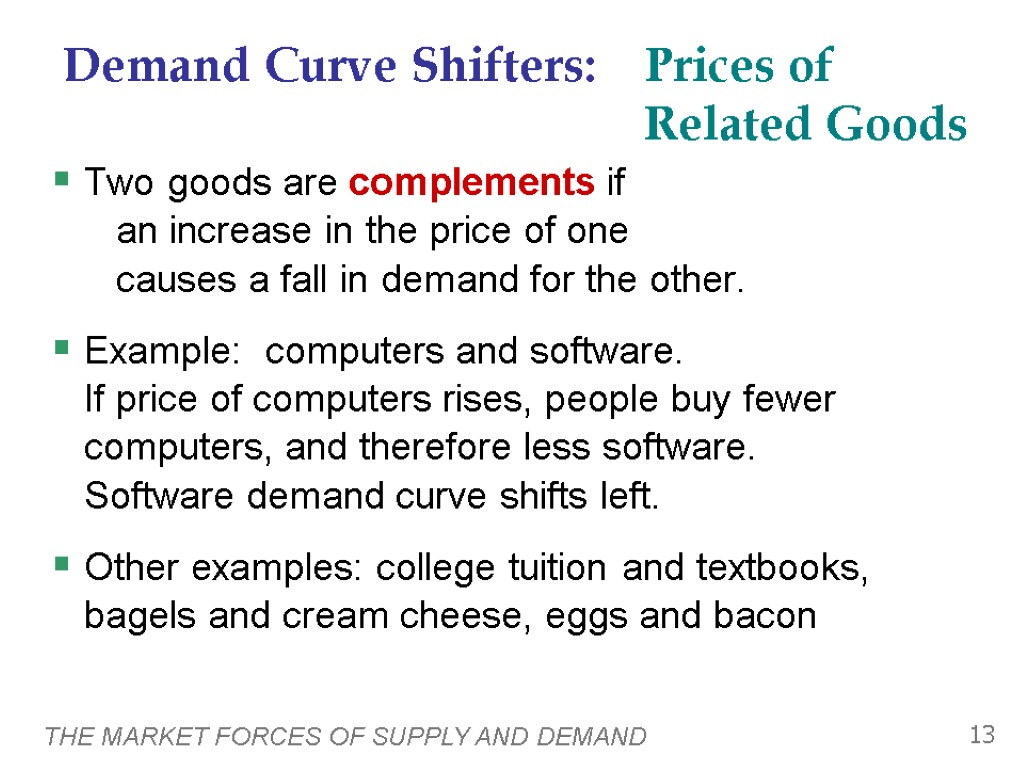 THE MARKET FORCES OF SUPPLY AND DEMAND 13 Two goods are complements if an